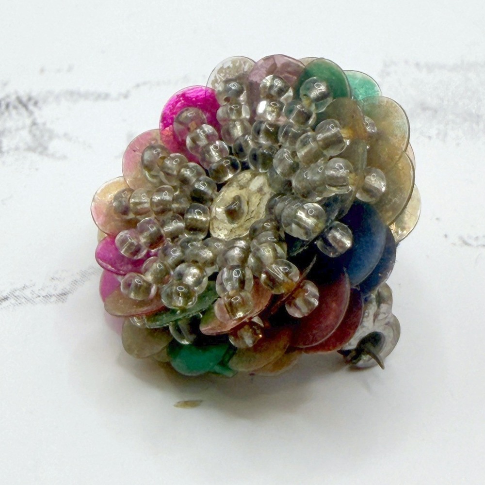 Vintage Quirky Boho Beaded Sequin Flower Brooch Multicolor Seed Bead Cluster Pin